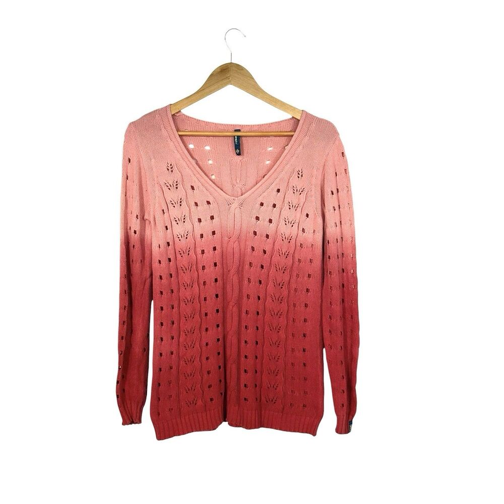 Cable Knit V-Neck Sweater Cotton Women’s Large Ombre Pink Coastal Casual